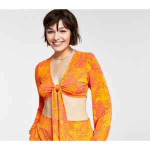 Women's bar III Orange Pink Leaf Print Tie-Front Crop Top M